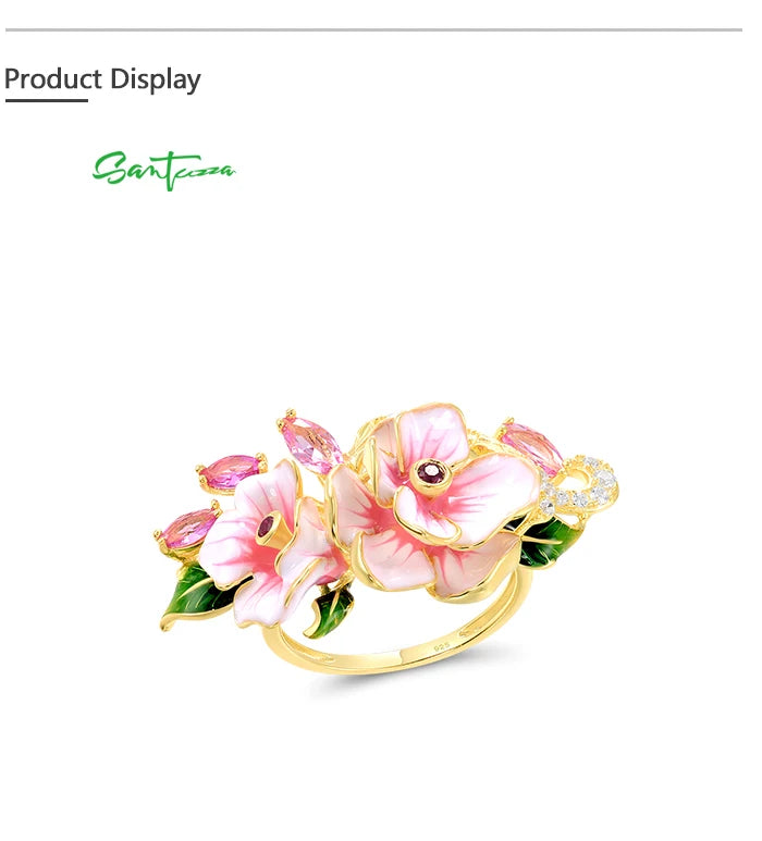 SANTUZZA Genuine 925 Sterling Silver Rings For Women Red Pink Stones White CZ Handmade Enamel Flower Ring Delicate Fine Jewelry