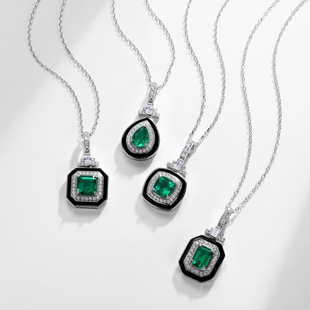Wong Rain 925 Sterling Silver 6 MM Emerald High Carbon Diamond Gemstone Pendant Necklace Fine Jewelry Anniversary Gifts