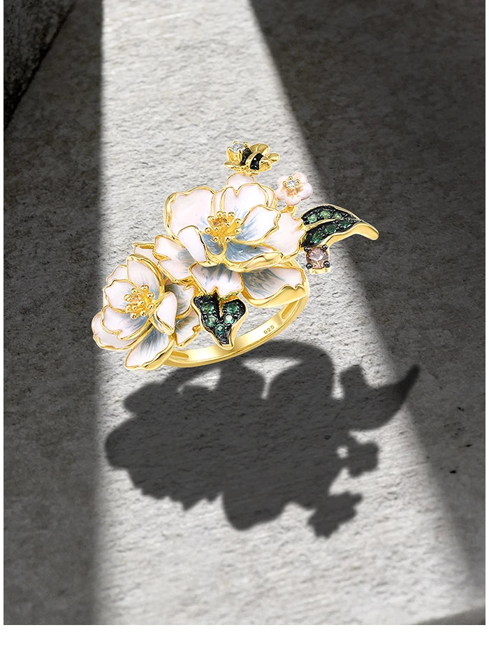 SANTUZZA Pure 925 Sterling Silver Rings For Women Green Spinel Yellow White CZ Handmade Enamel Flower Ring Delicate Fine Jewelry