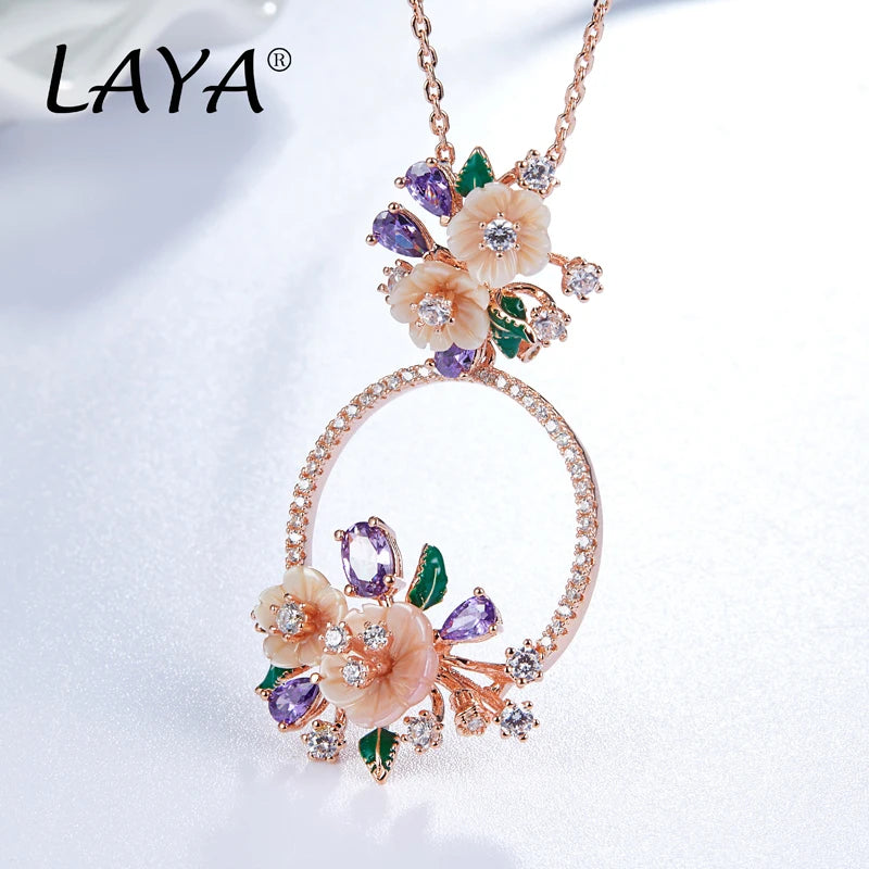 LAYA 925 Sterling Silver Fashion Natural Shell Flower Green Leaf Enamel High Quality Zircon Necklace For Women Wedding Jewelry