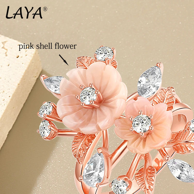 LAYA Ring 100% 925 Sterling Silver For Women Pink Shell Flower White Shining Zircon Finger Wedding Party Luxury Fine Jewelry