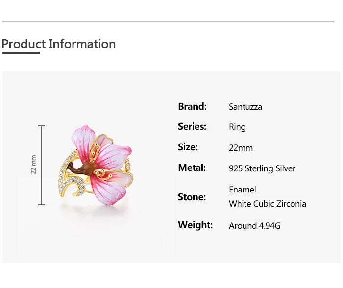 SANTUZZA Genuine 925 Sterling Silver Rings For Women White Cubic Zirconia Handmade Enamel Flower Ring Delicate Fine Jewelry