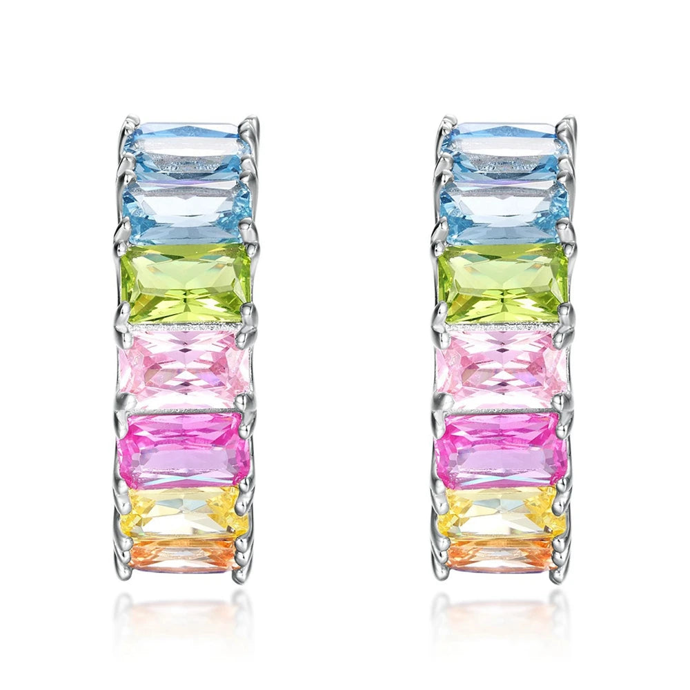 Wong Rain 100% 925 Sterling Silver Colorful 3*5 MM Lab Sapphire Gemstone Hoop Earrings for Women Fine Jewelry Gifts Wholesale