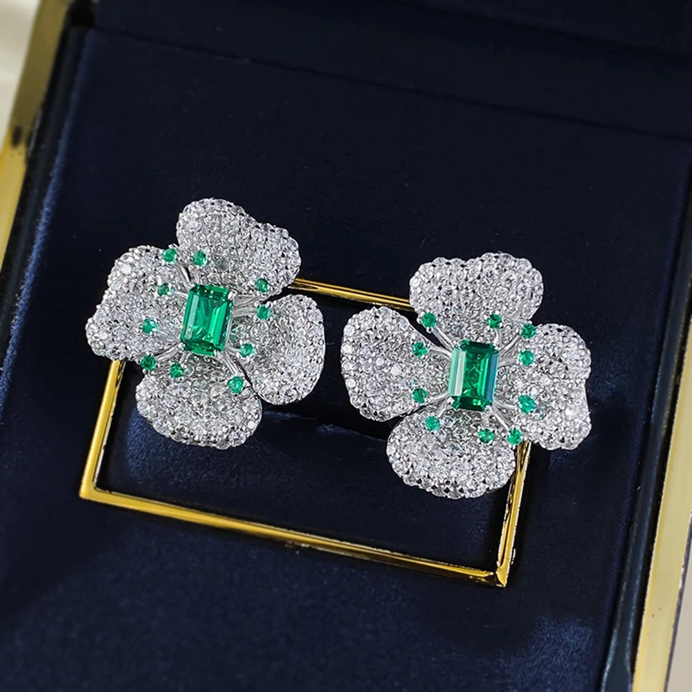 Wong Rain 100% 925 Sterling Silver Sparkling 4*6 MM Emerald High Carbon Diamond Gemstone Flower Ear Studs Earrings Fine Jewelry