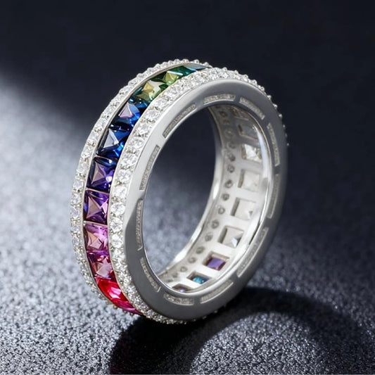 Wong Rain Luxury 925 Sterling Silver Lab Sapphire High Carbon Diamond Colorful Row Rings for Women Fine Jewelry Wedding Band
