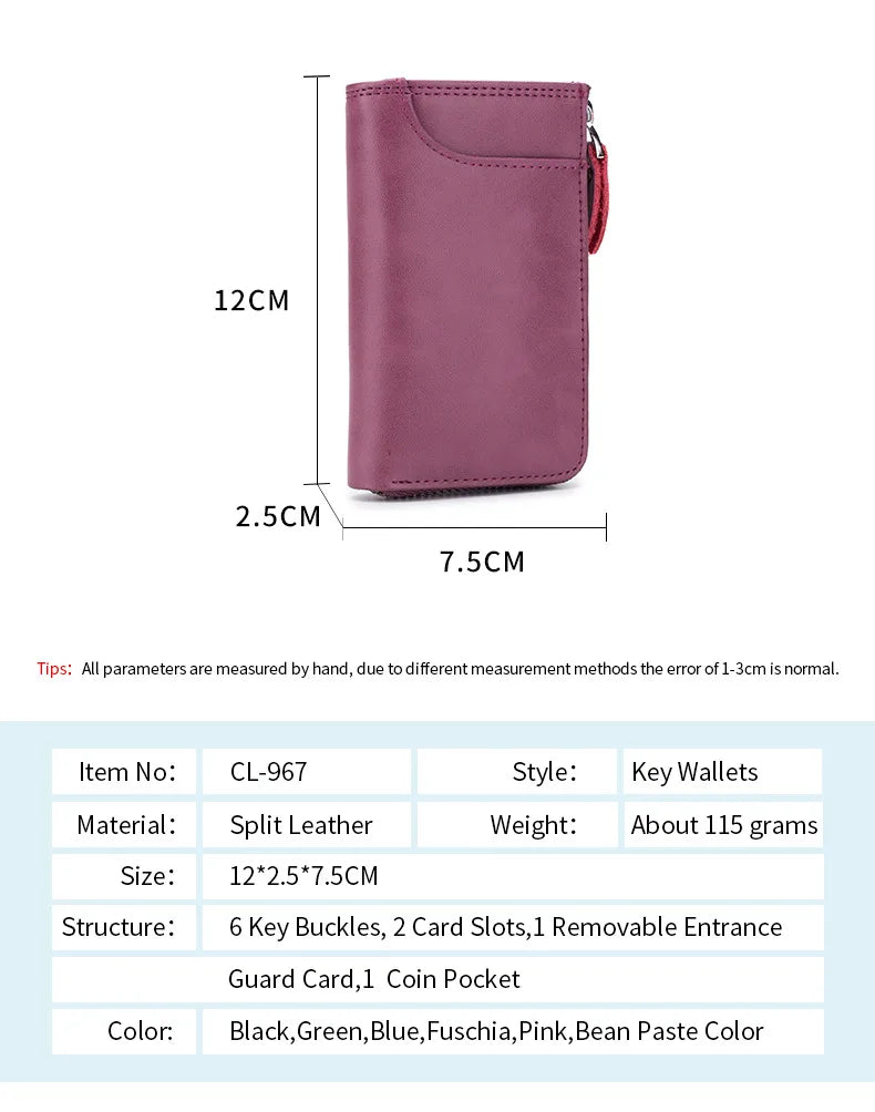 Mens Split Leather Key Chain Zipper Coin Case , Leather Car Smart Key Chain Metal Hook, Keyring Zipper Coin Wallet for women