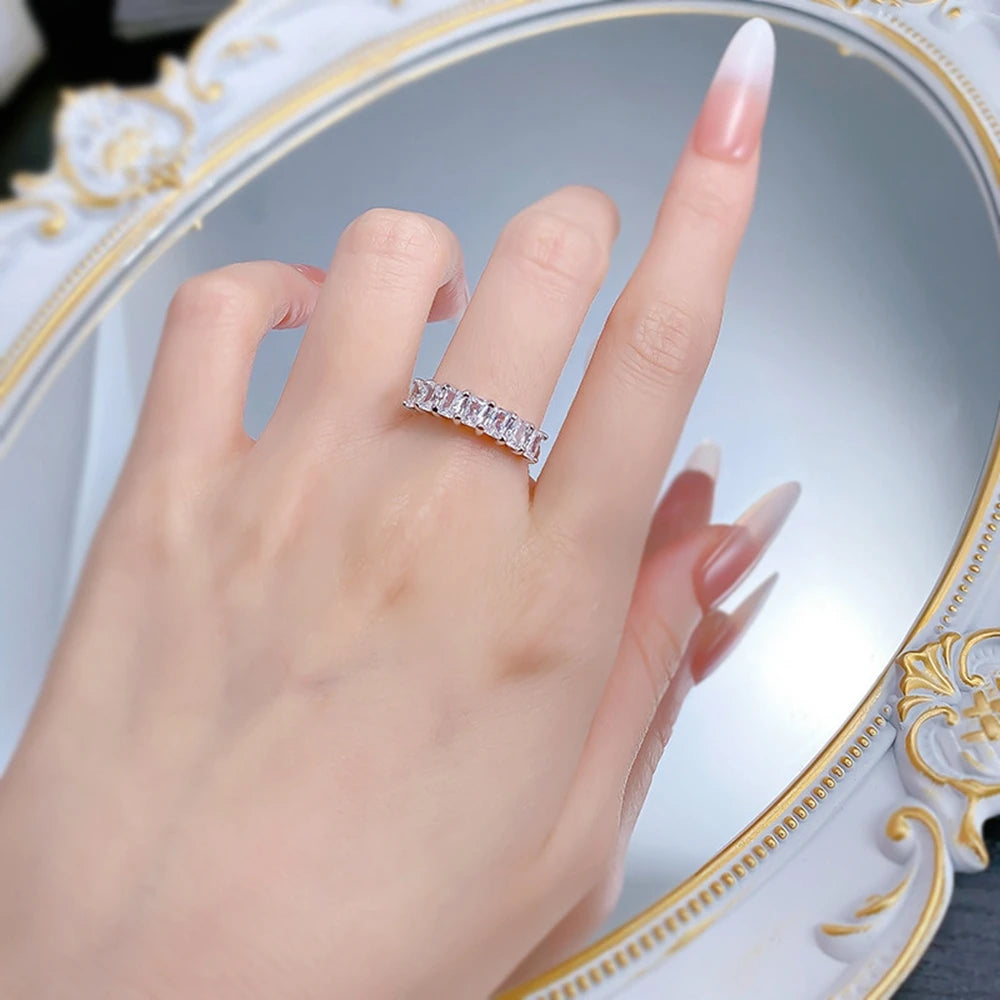 Wong Rain Simple 100% 925 Sterling Silver Lab Sapphire Gemstone Row Ring for Women Fine Jewelry Wedding Band Gifts Wholesale