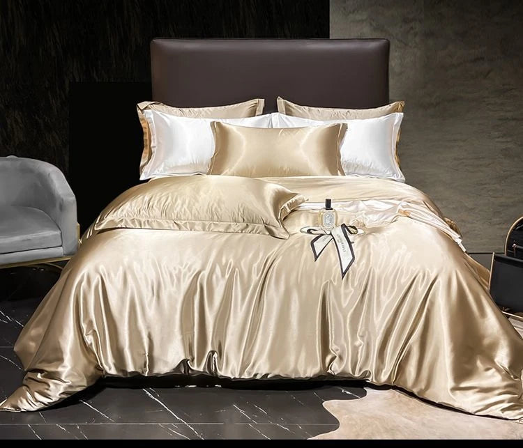 Real 100% Mulberry Silk Bedding Set with Duvet Cover Fitted/Flat Bed Sheet Pillowcase Solid Color 4pcs King Queen Twin Bed Sets