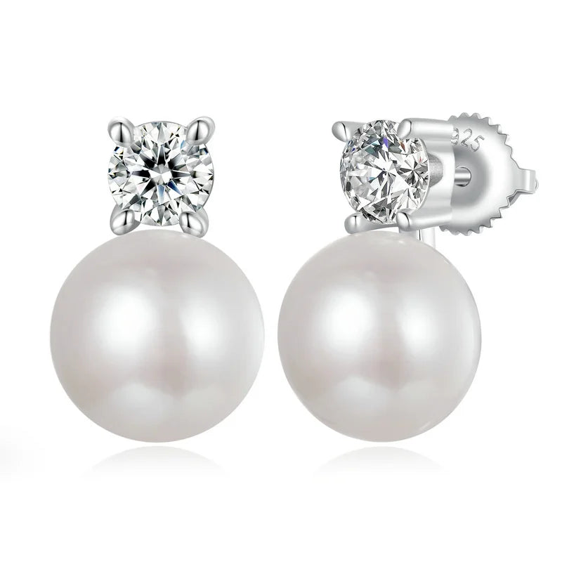 BAMOER Moissanite 925 Sterling Silver Freshwater Pearl Stud Earrings, Elegant VVS1 Clarity Lab Created Diamond Earrings MSE042
