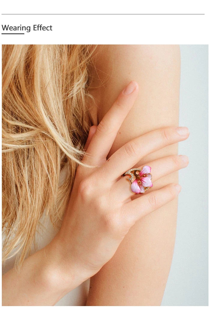 SANTUZZA Genuine 925 Sterling Silver Rings For Women White Cubic Zirconia Handmade Enamel Flower Ring Delicate Fine Jewelry