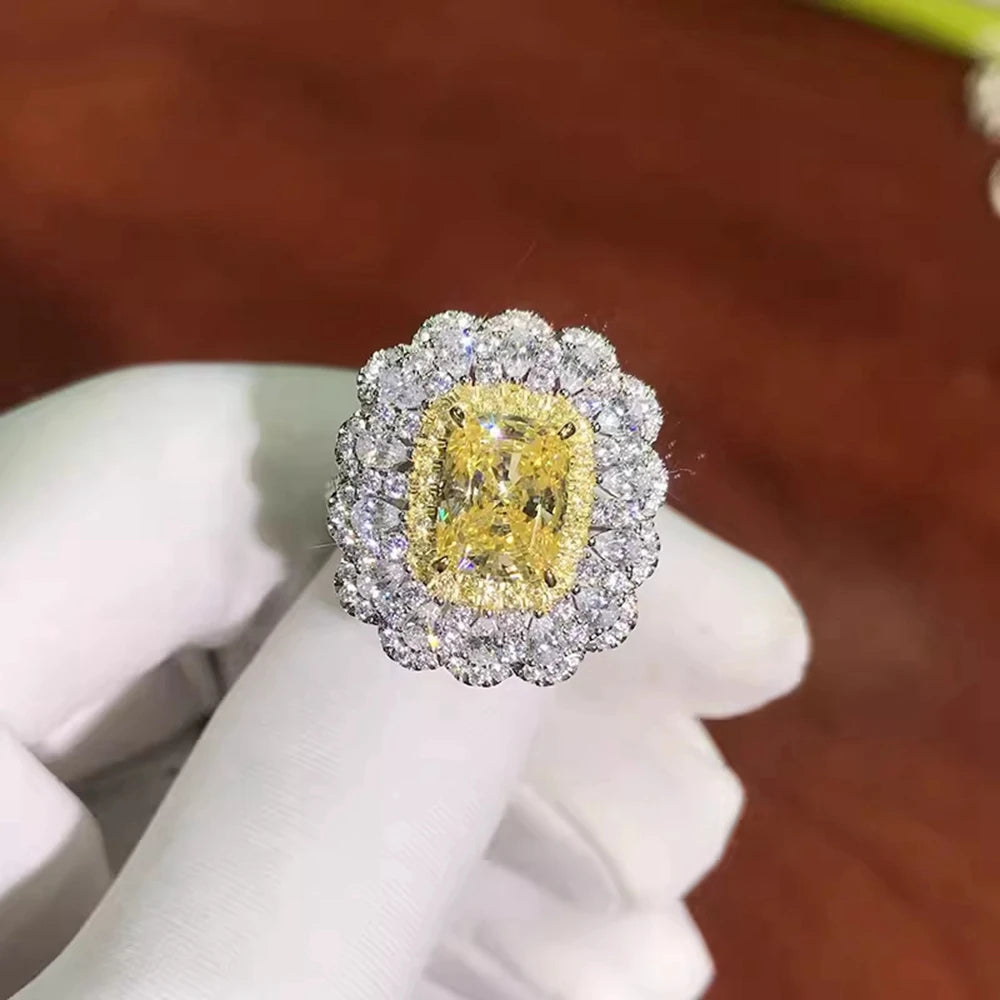 Wong Rain 925 Sterling Silver Cushion Cut 7*9 MM Citrine High Carbon Diamond Gemstone Women Rings Fine Jewelry Anniversary Gifts