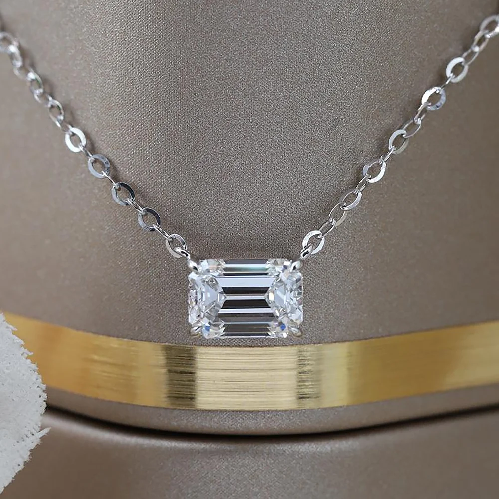 1/2/5carat Emerald Cut Moissanite Pendant Necklaces for Women 925 Silver Plated 18k Gold Rectangle Solitaire Diamond Neckchain