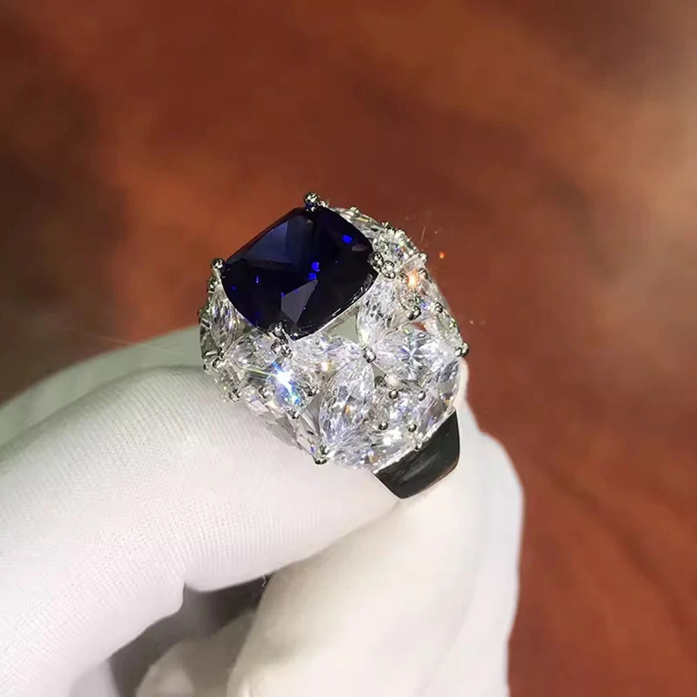 Wong Rain 925 Sterling Silver Cushion Cut 11 MM Sapphire High Carbon Diamond Gemstone Cocktail Party Ring for Women Fine Jewelry