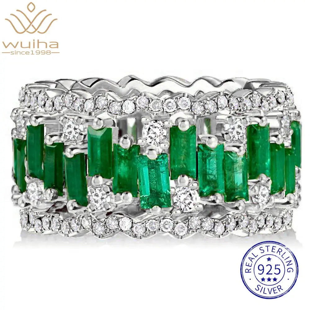 WUIHA Vintage Real 925 Sterling Silver Emerald High Carbon Diamonds Wedding Band Engagement Cocktail Rings Gifts Fine Jewelry