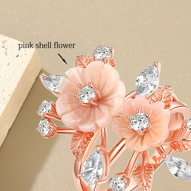 LAYA Ring 100% 925 Sterling Silver For Women Pink Shell Flower White Shining Zircon Finger Wedding Party Luxury Fine Jewelry