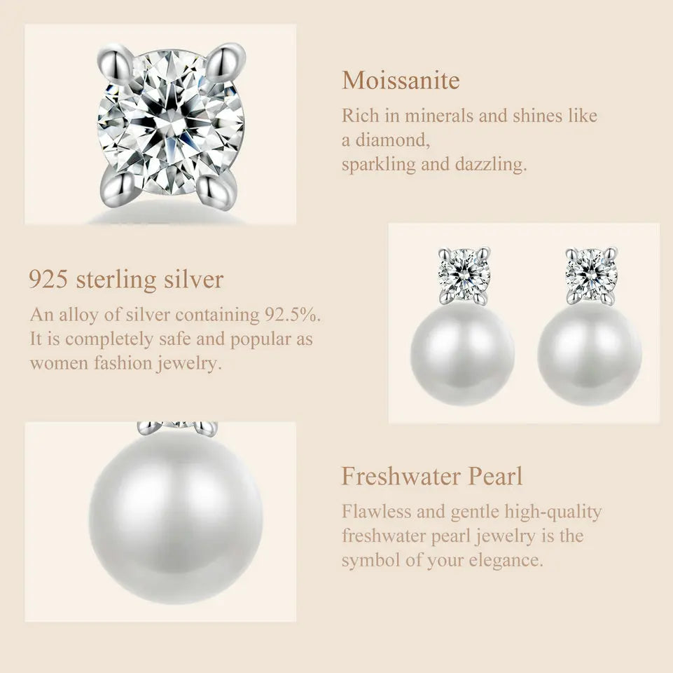 BAMOER Moissanite 925 Sterling Silver Freshwater Pearl Stud Earrings, Elegant VVS1 Clarity Lab Created Diamond Earrings MSE042