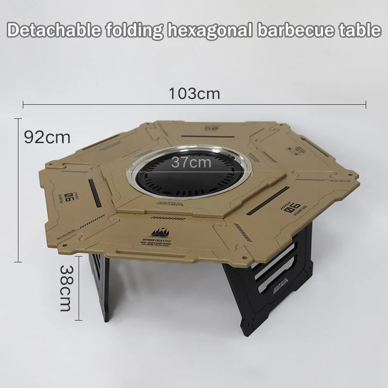 Multi-Functional Camping Table Portable 6-Sided BBQ&Tea Table, Foldable&Removable Outdoor Stove Complete Set For Outdoor Cooking