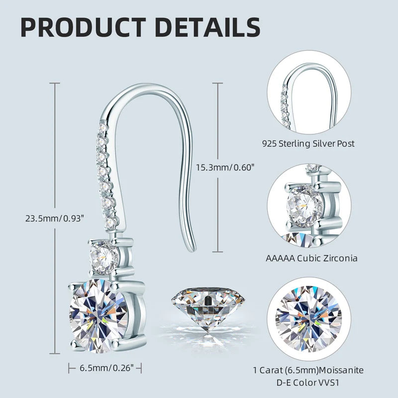 IOGOU 6.5mm 1.0Carat D Color Moissanite Diamond Drop Hook Earrings 925 Sterling Silver Engagement Wedding Jewelry Gift for Women