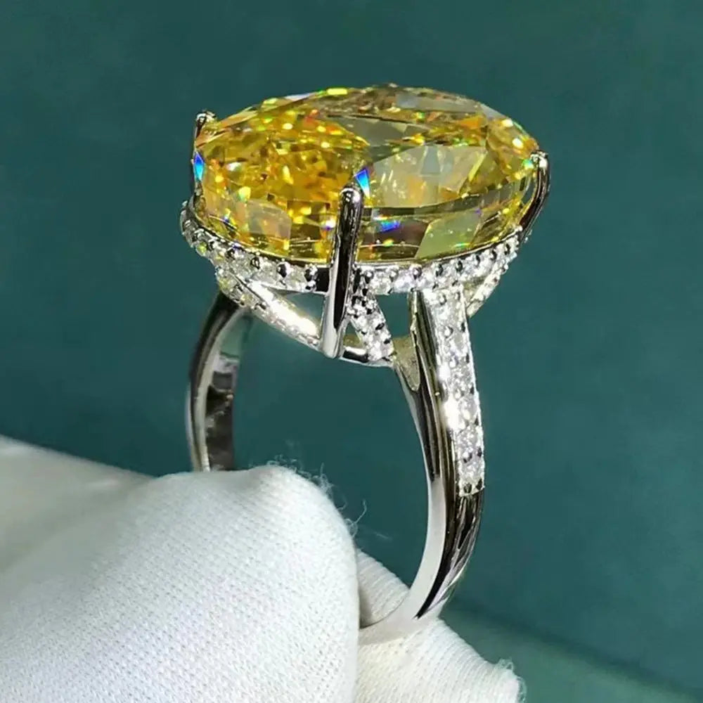 WUIHA Real 925 Sterling Silver Crushed Ice Oval 30CT Fancy Vivid Yellow Pink Sapphire Synthetic Moissanite Ring Drop Shipping