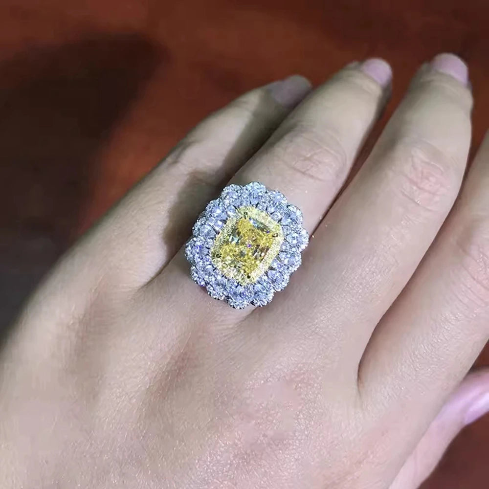 Wong Rain 925 Sterling Silver Cushion Cut 7*9 MM Citrine High Carbon Diamond Gemstone Women Rings Fine Jewelry Anniversary Gifts