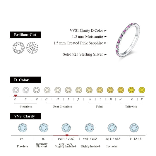 ATTAGEMS 2023 Round Moissanite Ring Real S925 Silver Stackable Rings for Women Pink and Blue Saphire Wedding Band Fine Jewelry