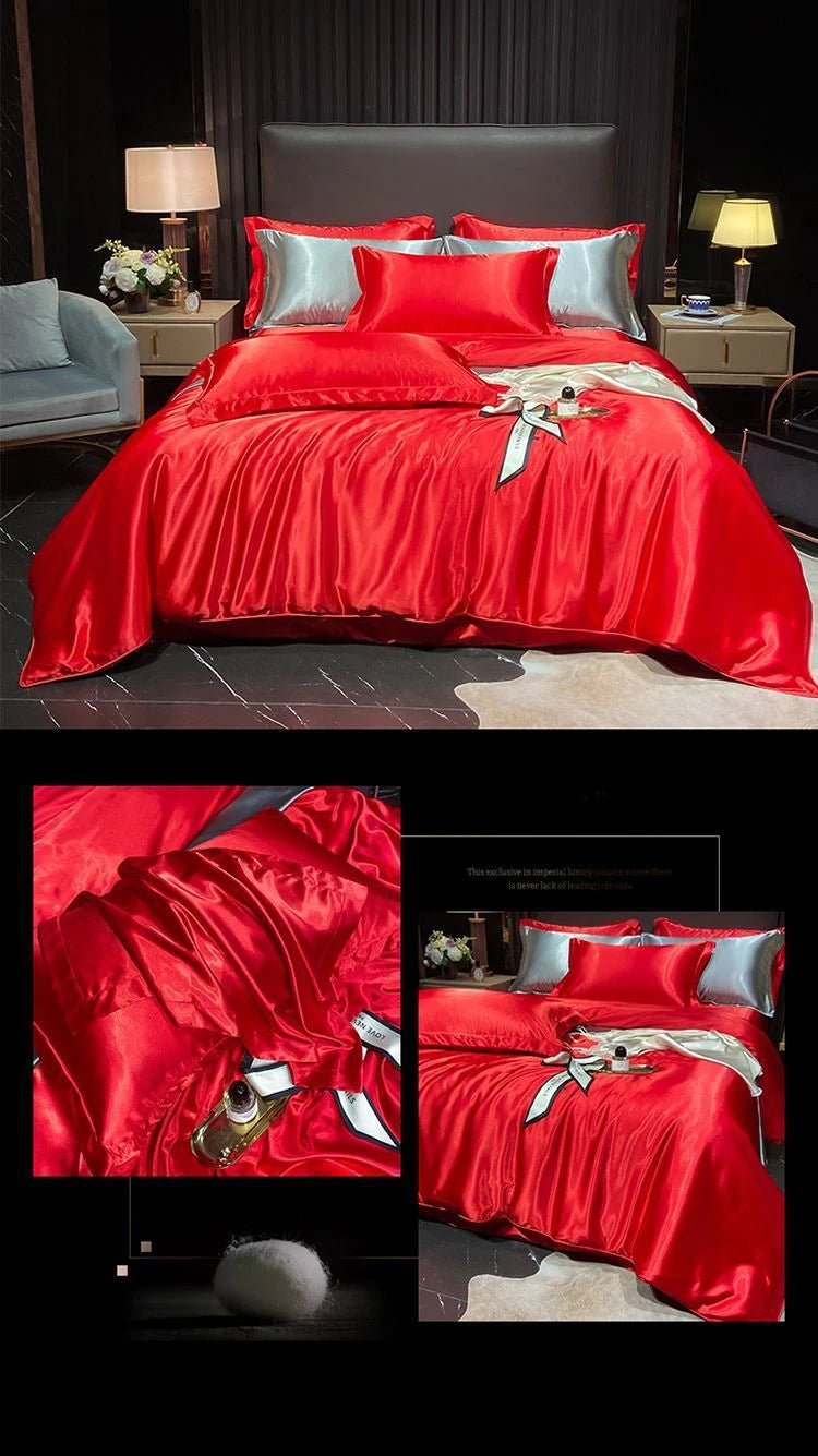 Real 100% Mulberry Silk Bedding Set with Duvet Cover Fitted/Flat Bed Sheet Pillowcase Solid Color 4pcs King Queen Twin Bed Sets