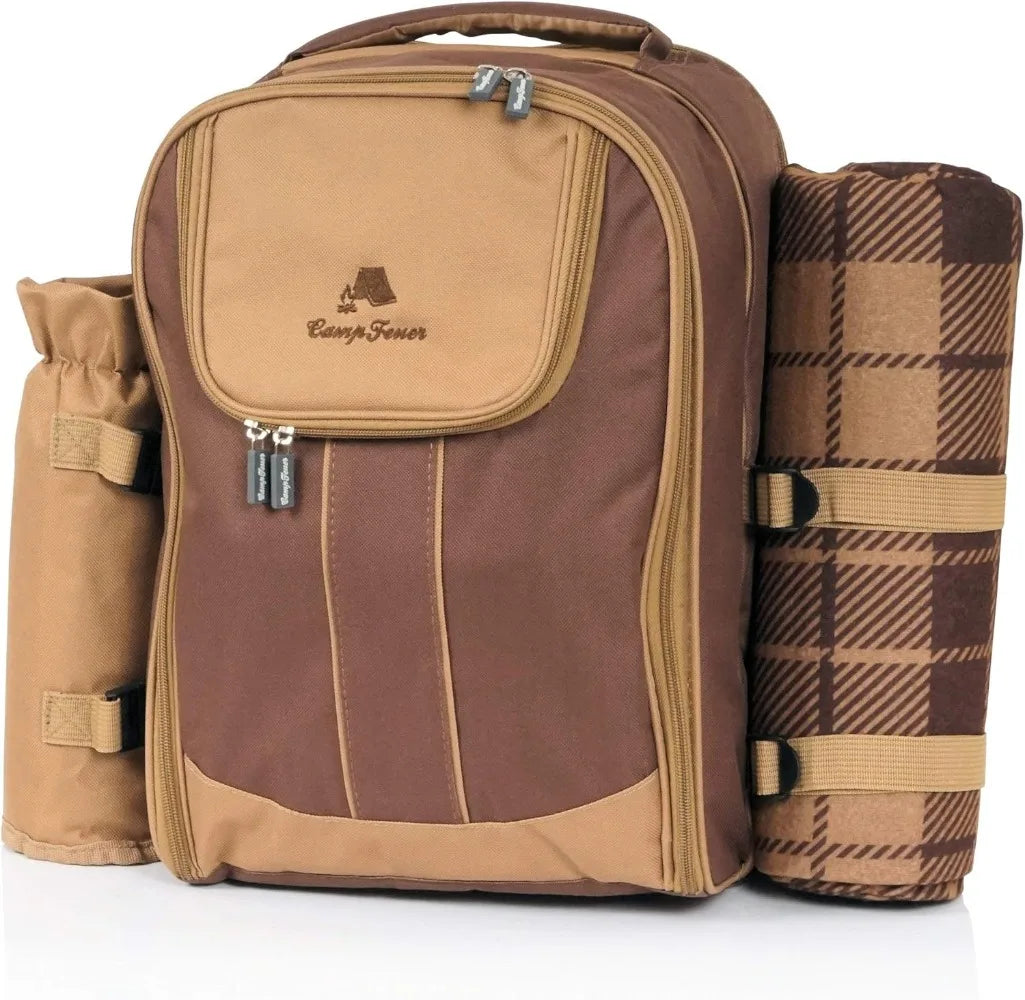 Zaino da picnic per 4 persone | marrone | set da picnic 32 pezzi | incl. portabottiglie e coperta in pile,