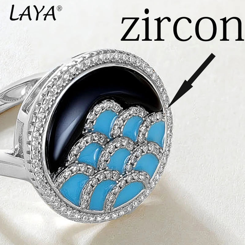 LAYA 925 Sterling Silver Ring Blue Decoration Finger Rings High Quality Zircon Handmade Enamel for Women 2025 Trend Jewelry