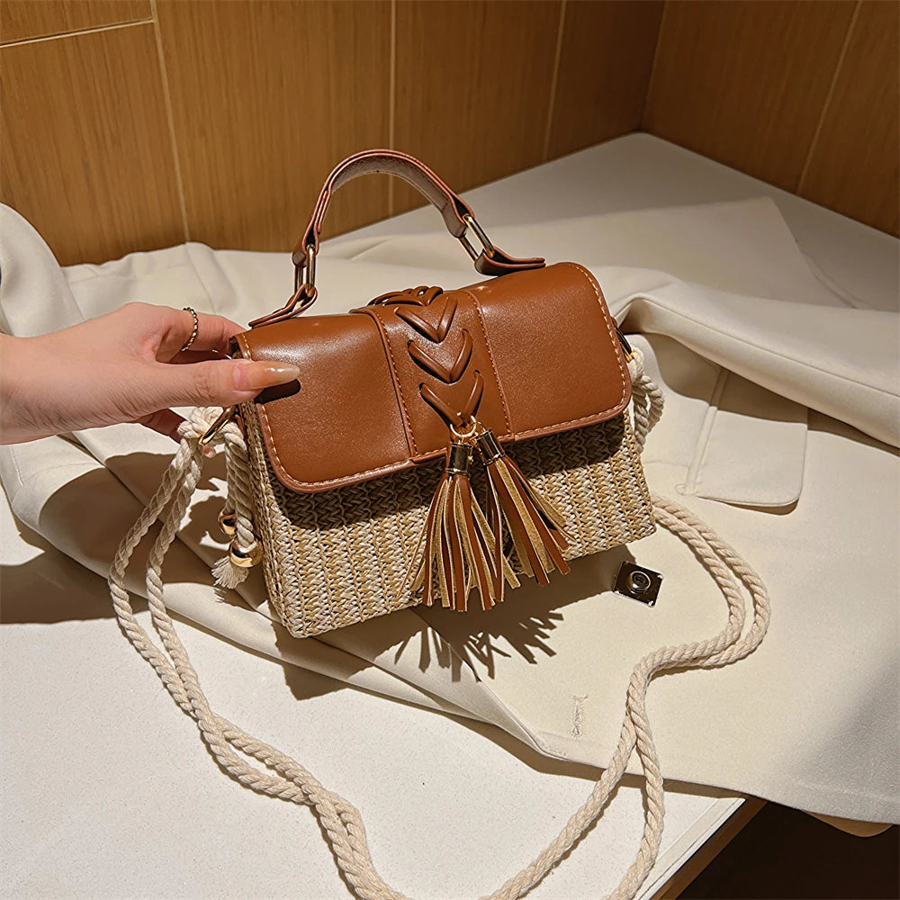 MOODS Straw Beach Bag For Women 2023 Summer New Luxury Designer Handbags Hit Color Tassels Shoulder Crossbody Box Bag Sac A Main