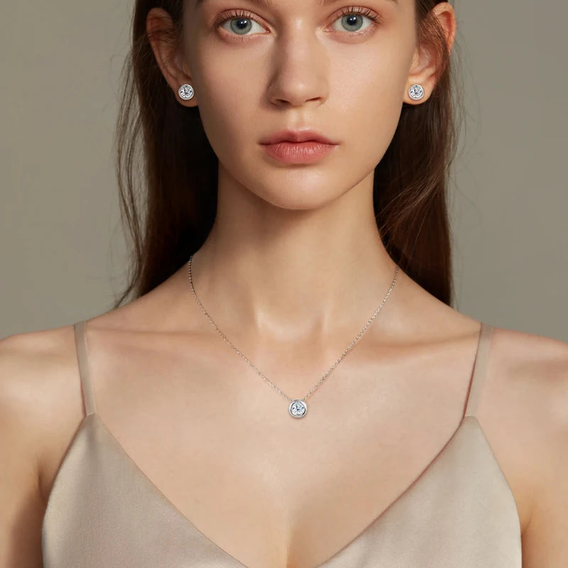 IOGOU 6.5mm 1ct Bezel Moissanite Pendant Necklace Earrings Sets 925 Silver Adjustable Chain for Women GRA Certified Jewelry Set