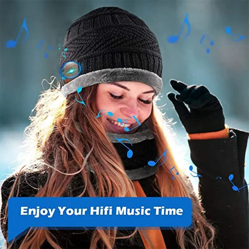 Microphone for Handsfree Call Outdoor Sport Cap Gifts 2in1 Winter Bluetooth 5.0 Headset Headband Warm Music Hat with Soft Scarf