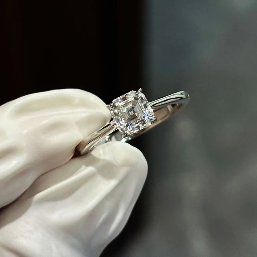 Certified 1CT Asscher Cut Moissanite Ring for Women 100% 925 Sterling Silver Lab Grown Diamond Engagement Wedding Band Jewelry