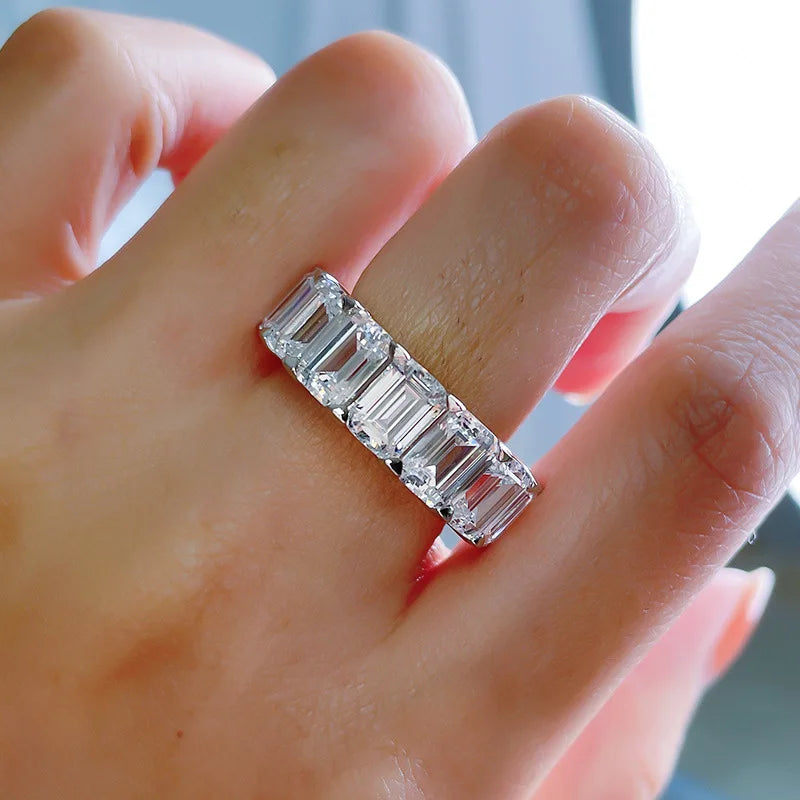 Eternity Emerald Cut Lab Diamond Ring 925 Sterling Silver Wedding Band Rings for Women Men Engagement Promise Party Jewelry