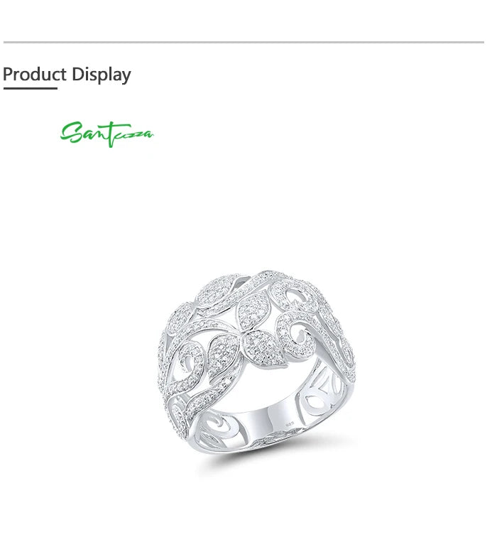 SANTUZZA Pure 925 Sterling Silver Flower Rings For Women Sparkling White Cubic Zirconia Attractive Party Elegant Fine Jewelry