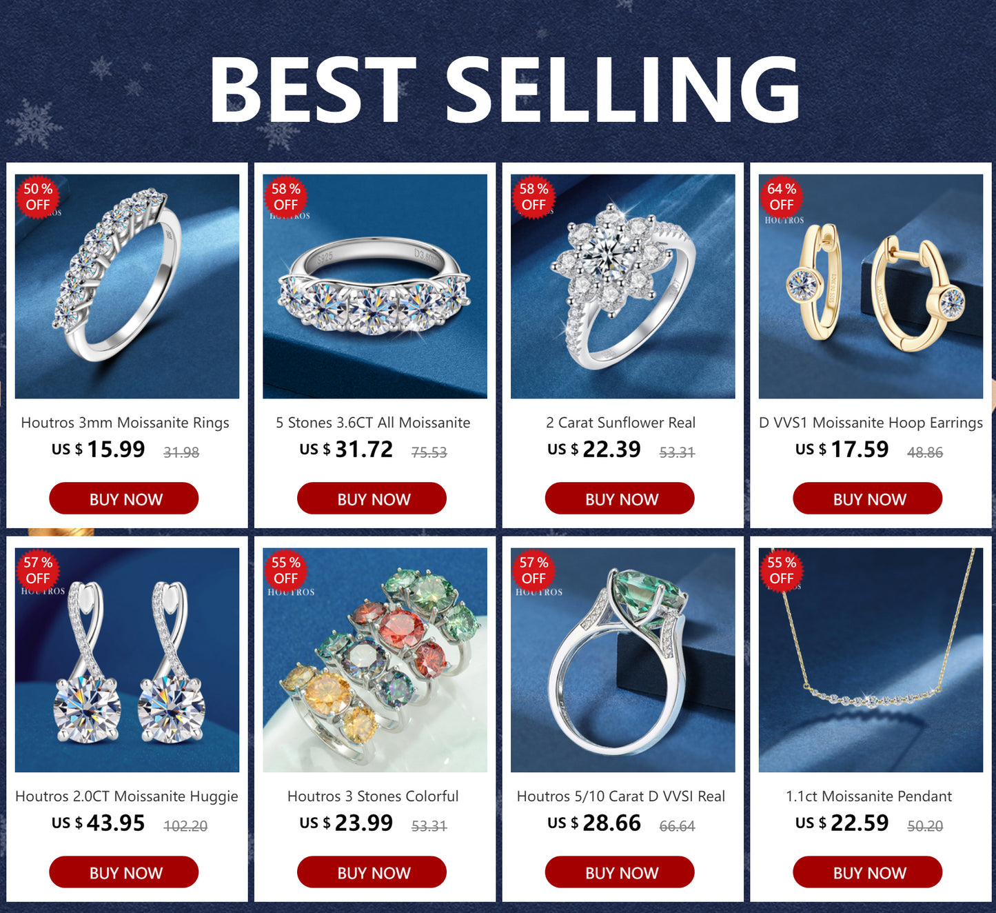 Houtros 3mm Moissanite Rings for Women S925 Silver 7 Stone Engagement Wedding Sparkling Diamond Ring Fine Jewelry Gift