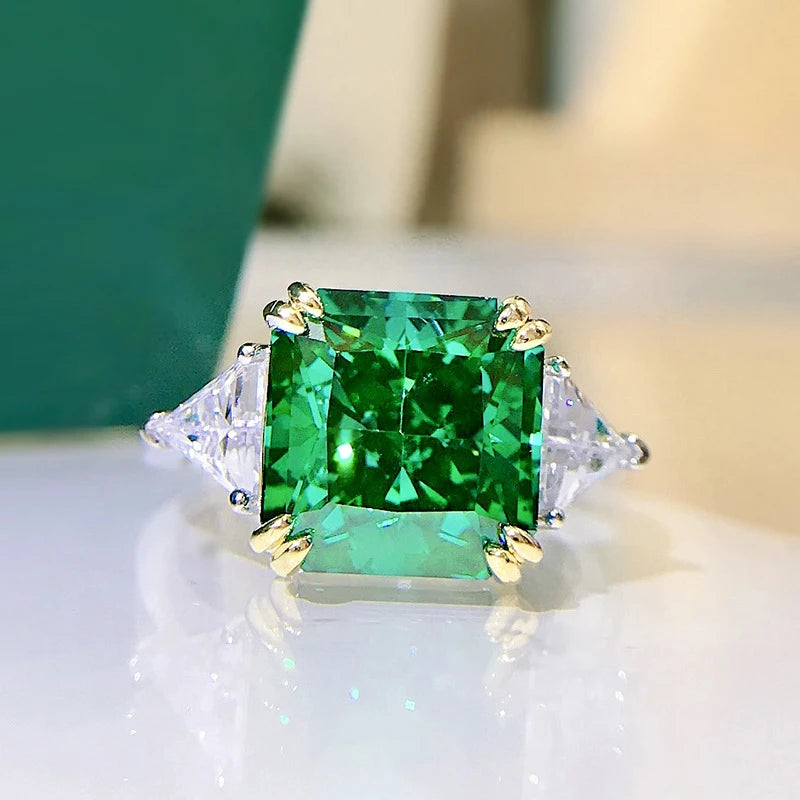 Luomansi 10*10MM Square Emerald Diamond Ring 100%-S925 Silver Jewelry Wedding Cocktail Party Woman Gift