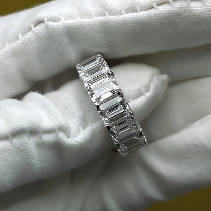 Eternity Emerald Cut Lab Diamond Ring 925 Sterling Silver Wedding Band Rings for Women Men Engagement Promise Party Jewelry