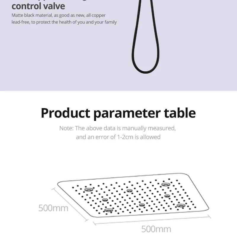 Bathroom 20inch 50x50cm Shower Head Panel Faucet Rain Mist Laterfal Jets Thermostatic Valve Mixer System SPA Massage Set