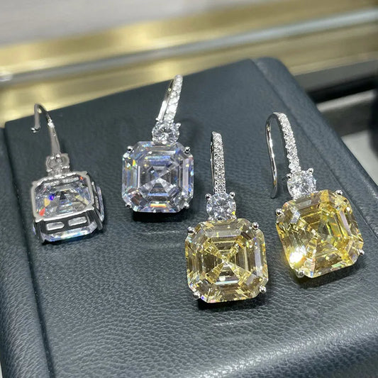 ELSIEUNEE 100% 925 Strerling Silver 12*12MM Asscher Cut Sparkling Citrine High Carbon Diamond Drop Earrings for Women Party Gift