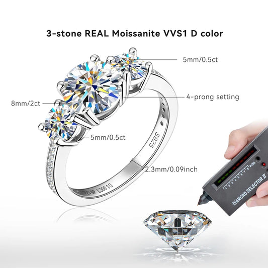 Anziw 3-stone Real 3.6CT Moissanite Wedding Rings for Women 100% S925 Silver Engagement Promise Band Fine Accessories Jewelry