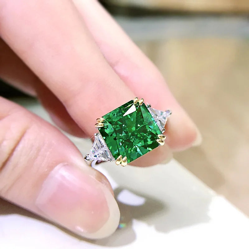 Luomansi 10*10MM Square Emerald Diamond Ring 100%-S925 Silver Jewelry Wedding Cocktail Party Woman Gift