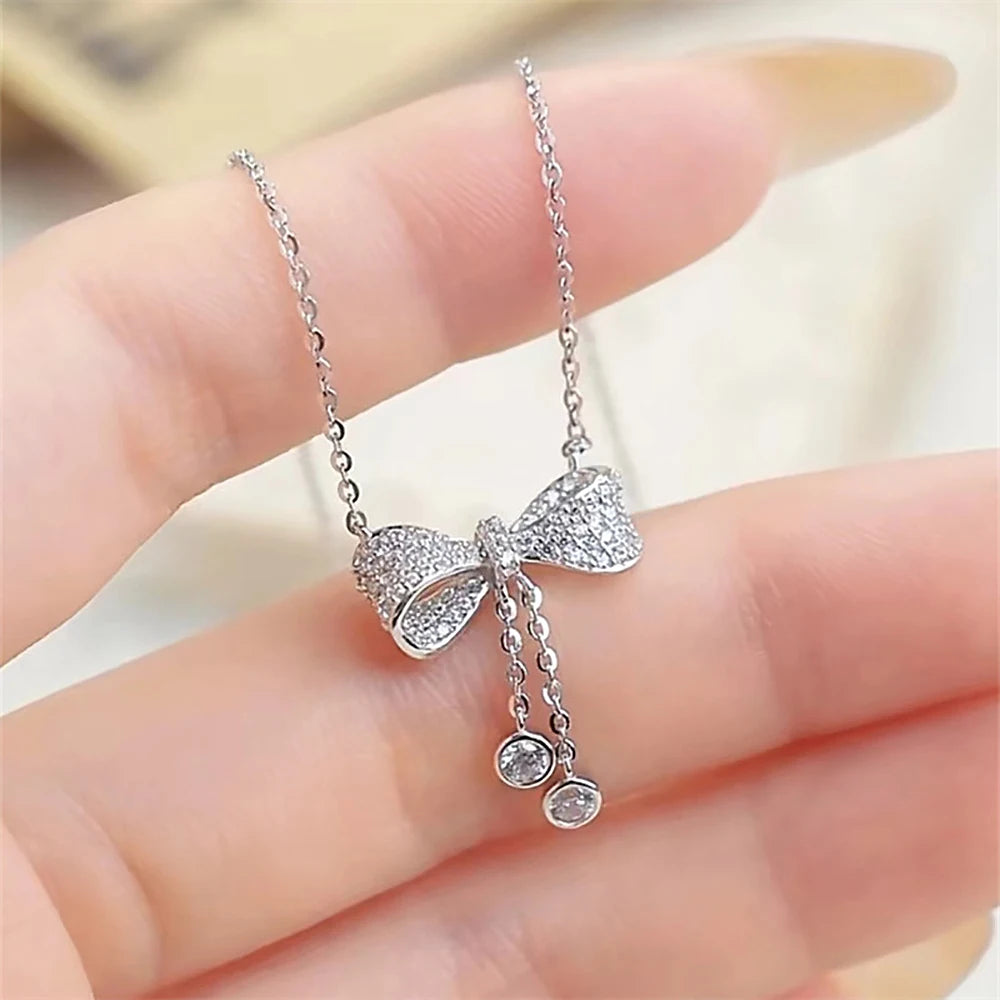 Bowknot Moissanite Pendant Necklaces for Women 0.12carat D Color Diamond Long Tassel Neckchain 925 Sterling Silver Fine Jewelry