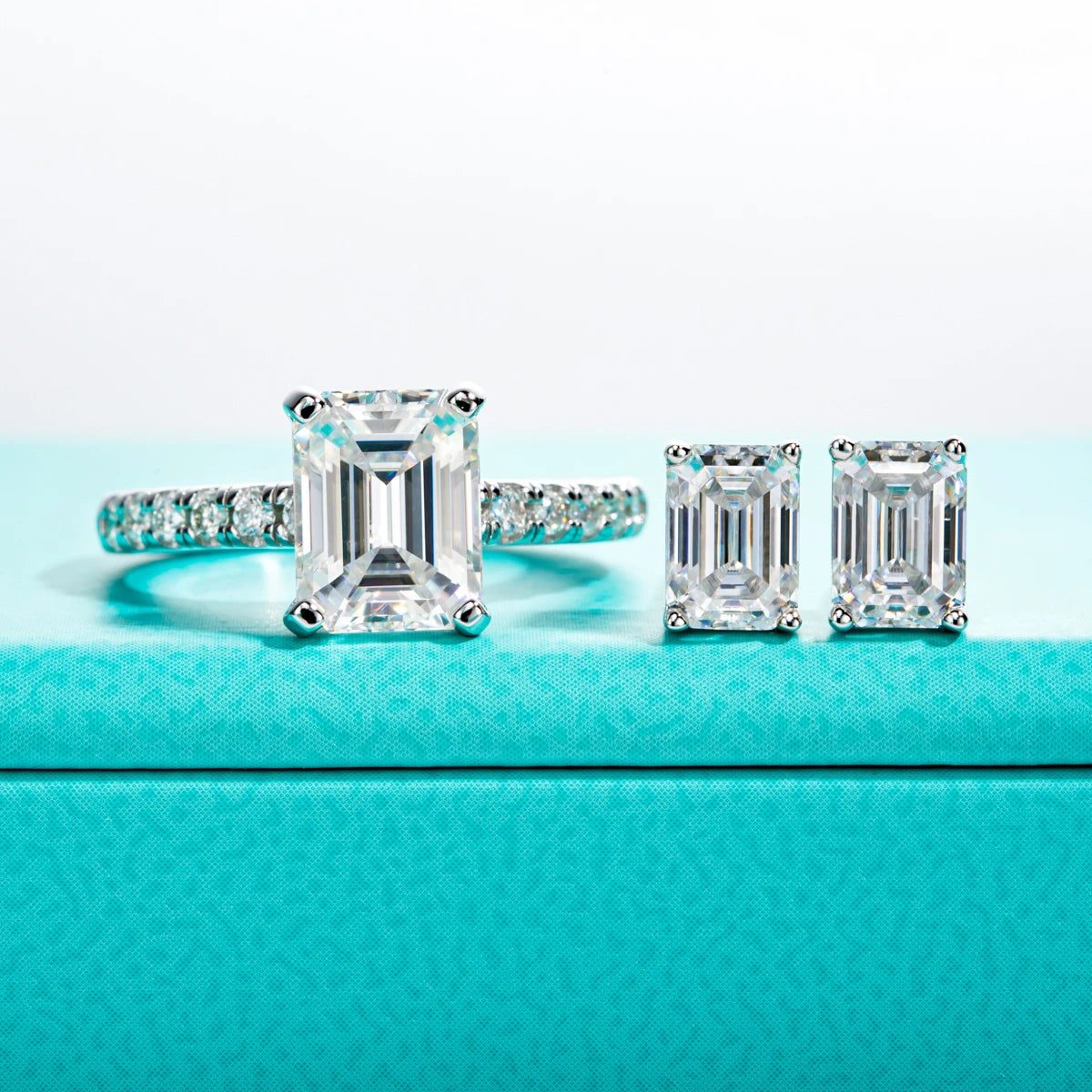 AnuJewel 3ct Emerald Cut Moissanite Engagement Ring 1ct Emerald Stub Earrings Bridal Sets 925 Sterling Silver Wedding Band