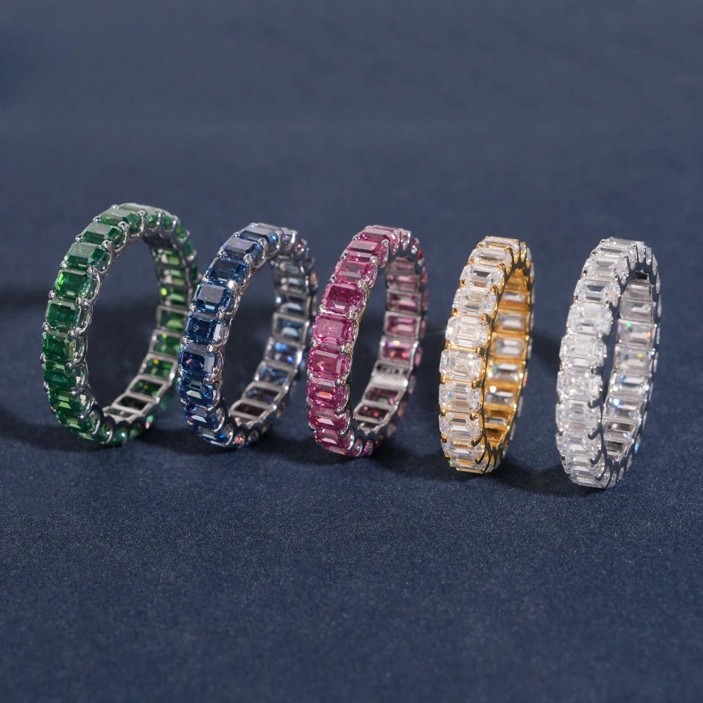 0.3ct Green Pink D Color Emerald Cut Moissanite Eternity Ring 925 Sterling Silver Plated Bling Diamond Wedding Band Pass Tester