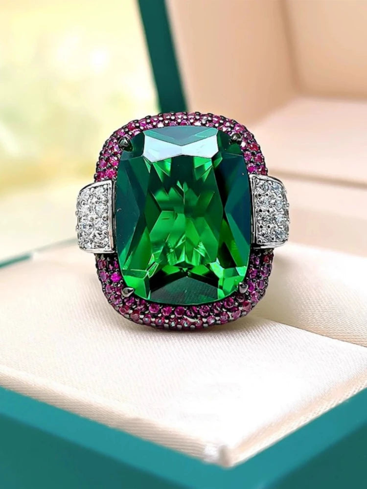 Silver Color Ruby Emerald Rings for Women Lab Diamond Wedding Bands Gemstone Cocktail Party Fine Jewelry Female Anniversary Gift
