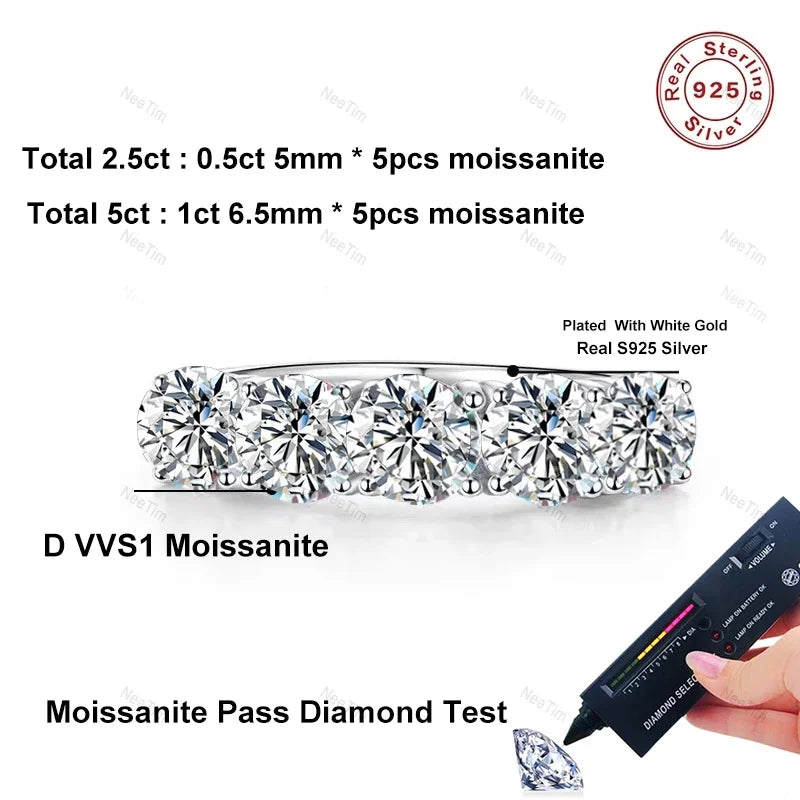 NeeTim 5mm 6.5mm Full Moissanite Ring for Women S925 Sterling Silver Eternity Sparkling Diamond Band Wedding Rings Jewelry GRA