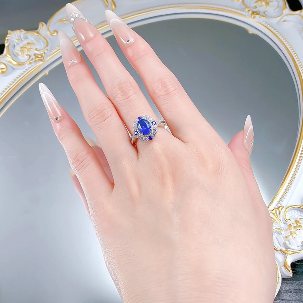 Wong Rain Classic 925 Sterling Silver Oval Cut 6*8 MM Sapphire High Carbon Diamond Gems Engagement Rings Fine Jewelry Wholesale