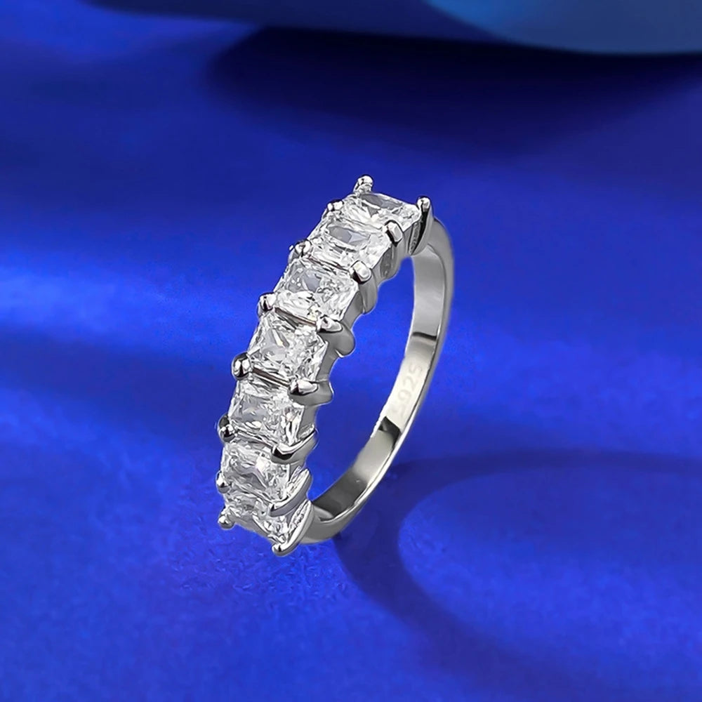 Wong Rain Simple 100% 925 Sterling Silver Lab Sapphire Gemstone Row Ring for Women Fine Jewelry Wedding Band Gifts Wholesale