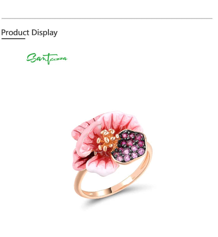 SANTUZZA Real 925 Sterling Silver Ring For Women Sparkling Created Red Sapphire Enamel Fancy Wedding Party Gifts Fine Jewelry