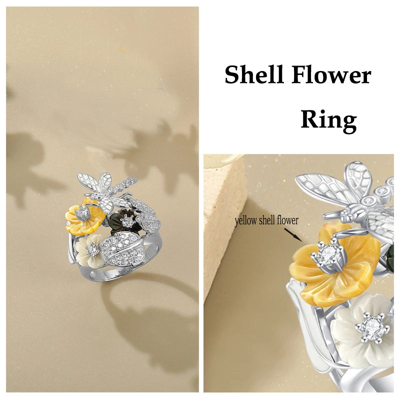 LAYA Ring For Women Black Yellow Shell Flower Shining White Zircon 100% 925 Sterling Silver Finger Fashion Party Fine Jewelry